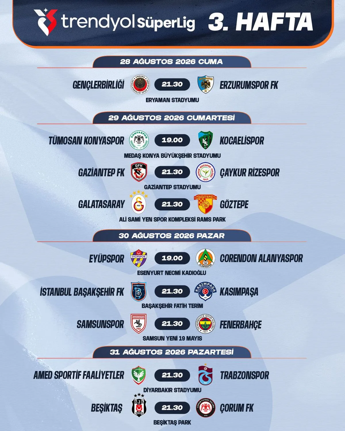 Süper Lig 2. ve 3. Hafta Programı Açıklandı